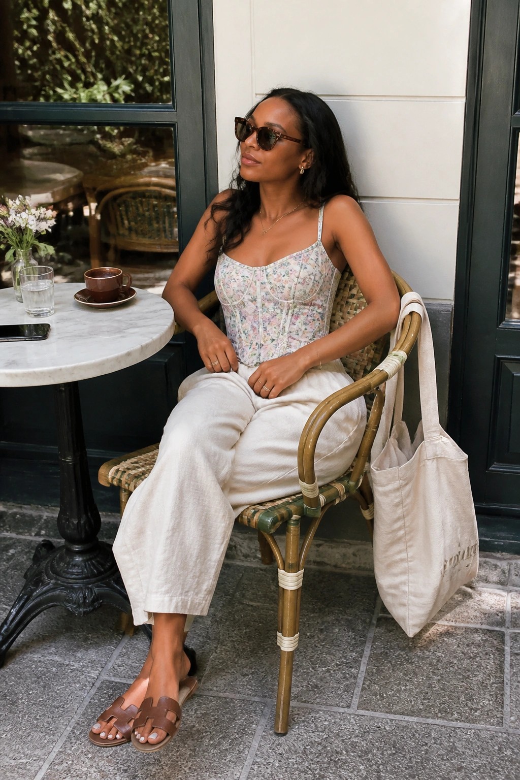 Woman in floral corset and white pants at outdoor cafe with tote bag