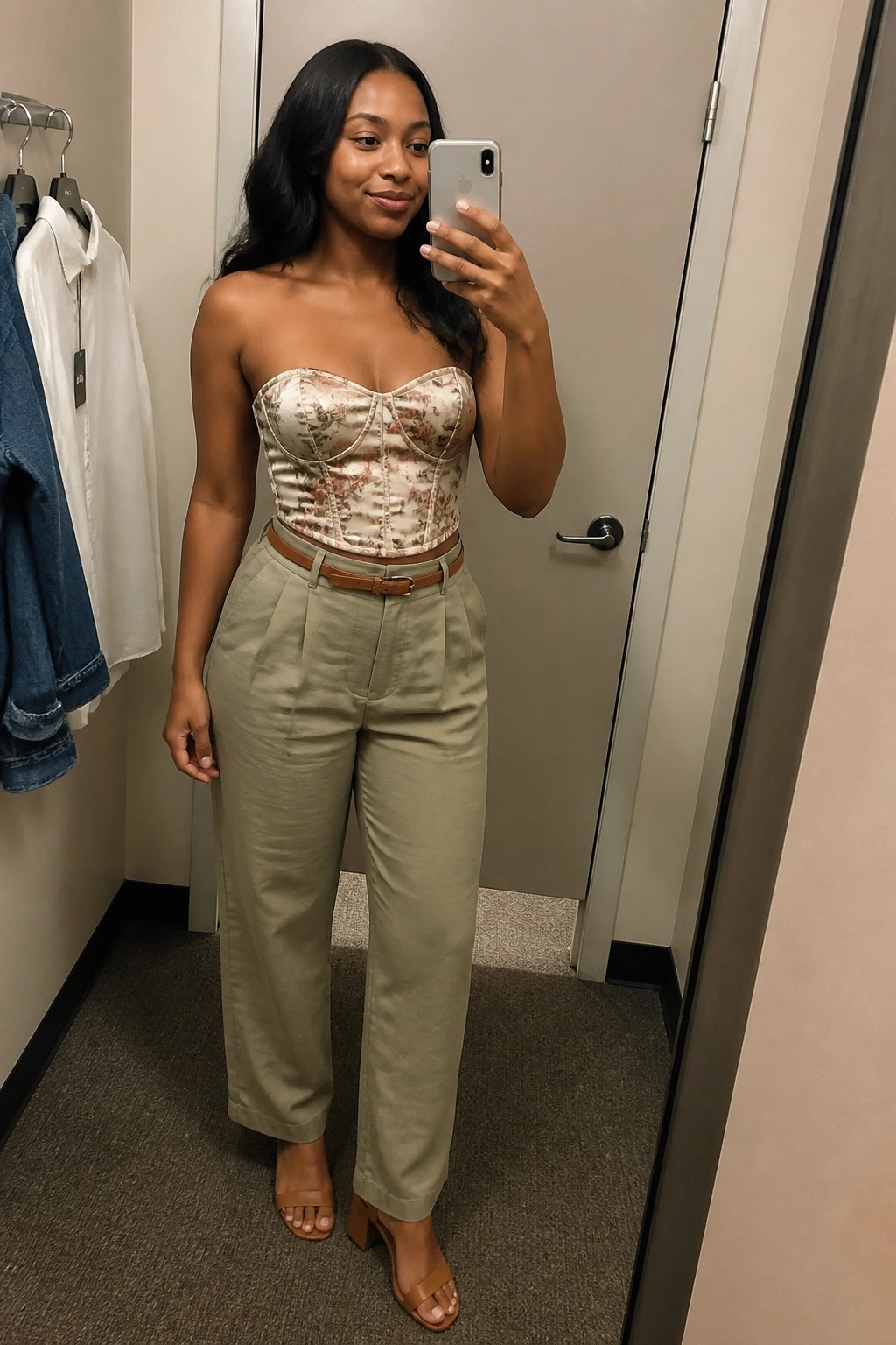 Woman in floral corset top and sage green pants taking mirror selfie in fitting room