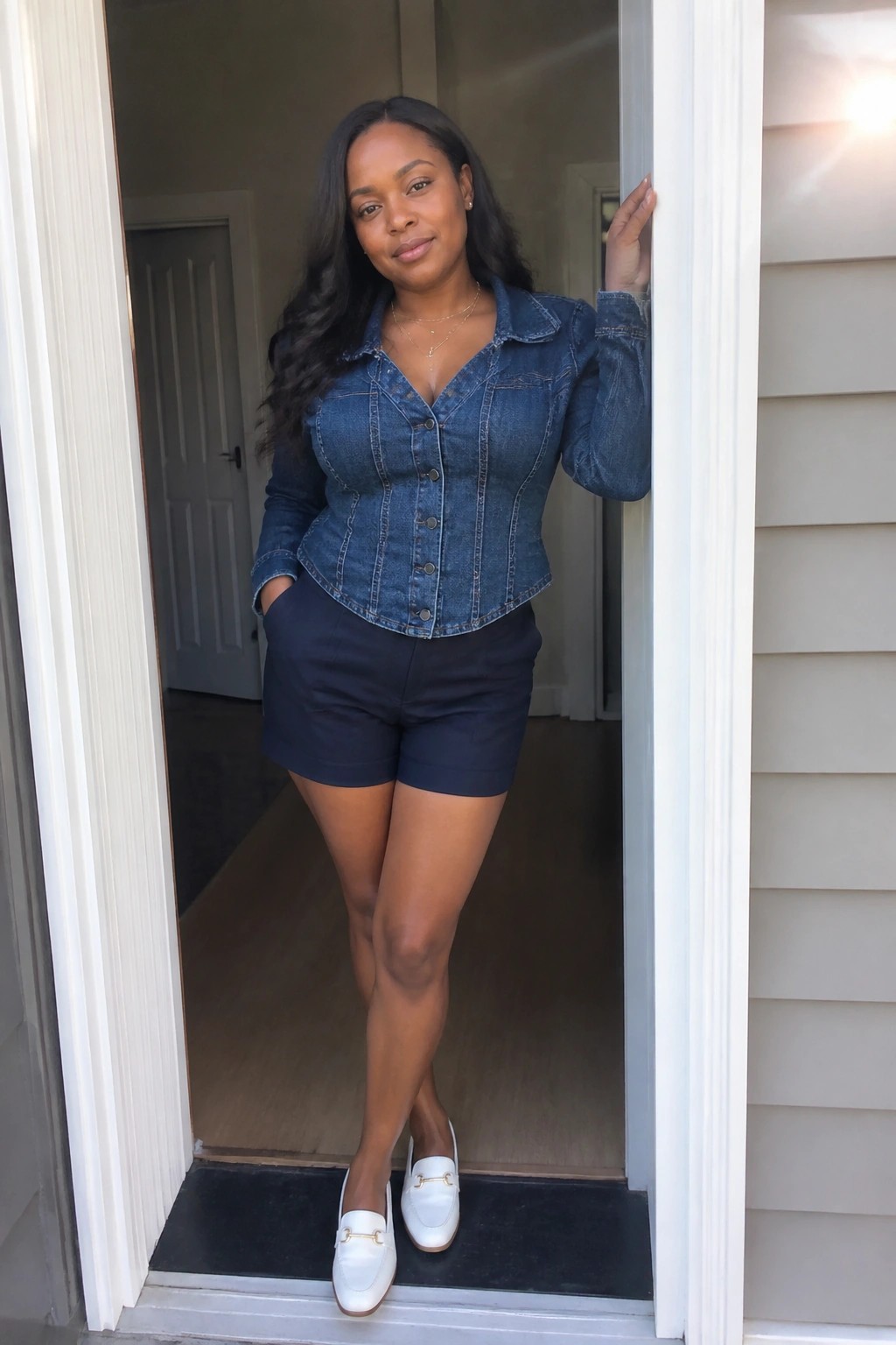 Woman in blue denim jacket and navy shorts standing in house doorway.