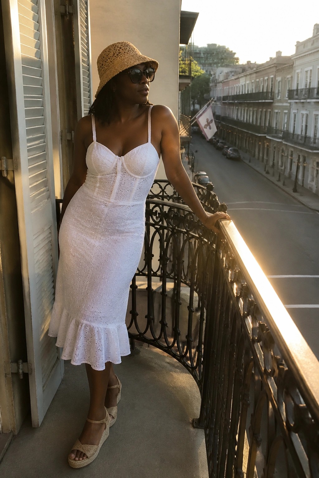 Woman in white lace dress and straw hat leaning on ornate balcony railing at sunset