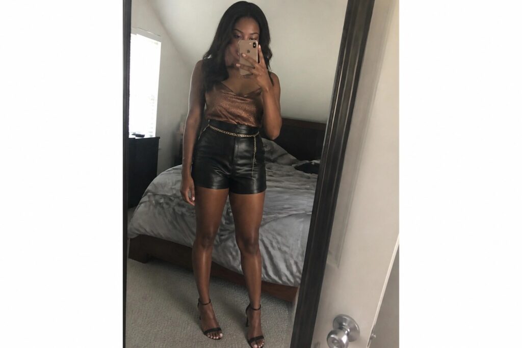 Woman in sparkly bronze top and black leather shorts taking bedroom mirror selfie