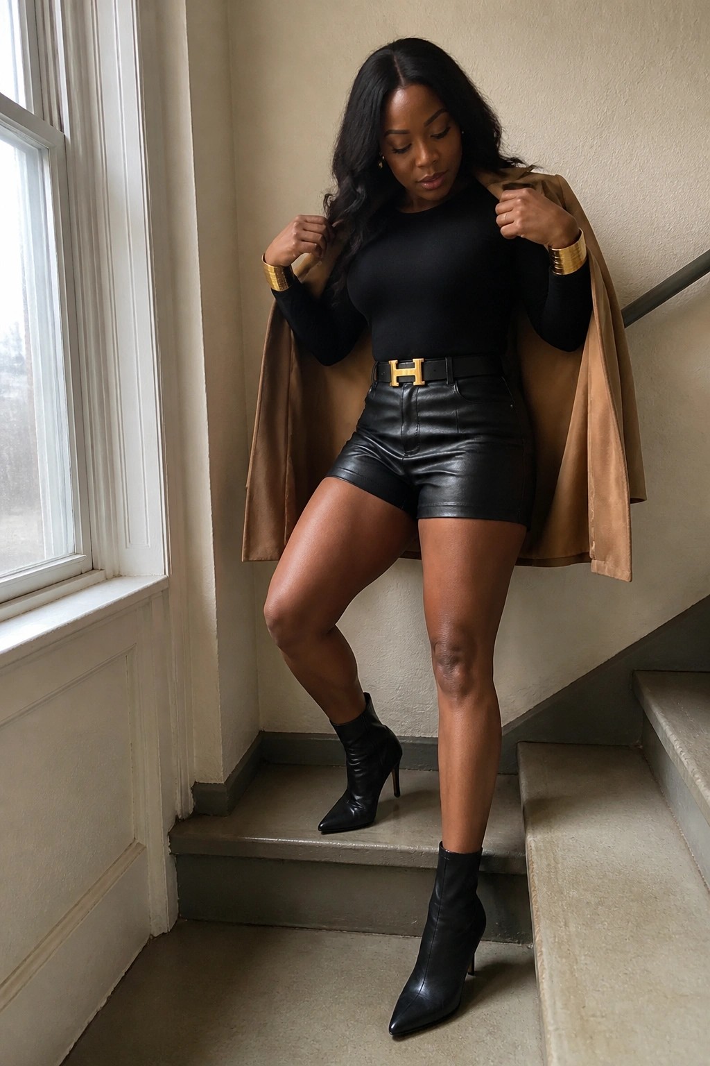 Woman in black leather shorts, tan coat, and gold belt posing on staircase