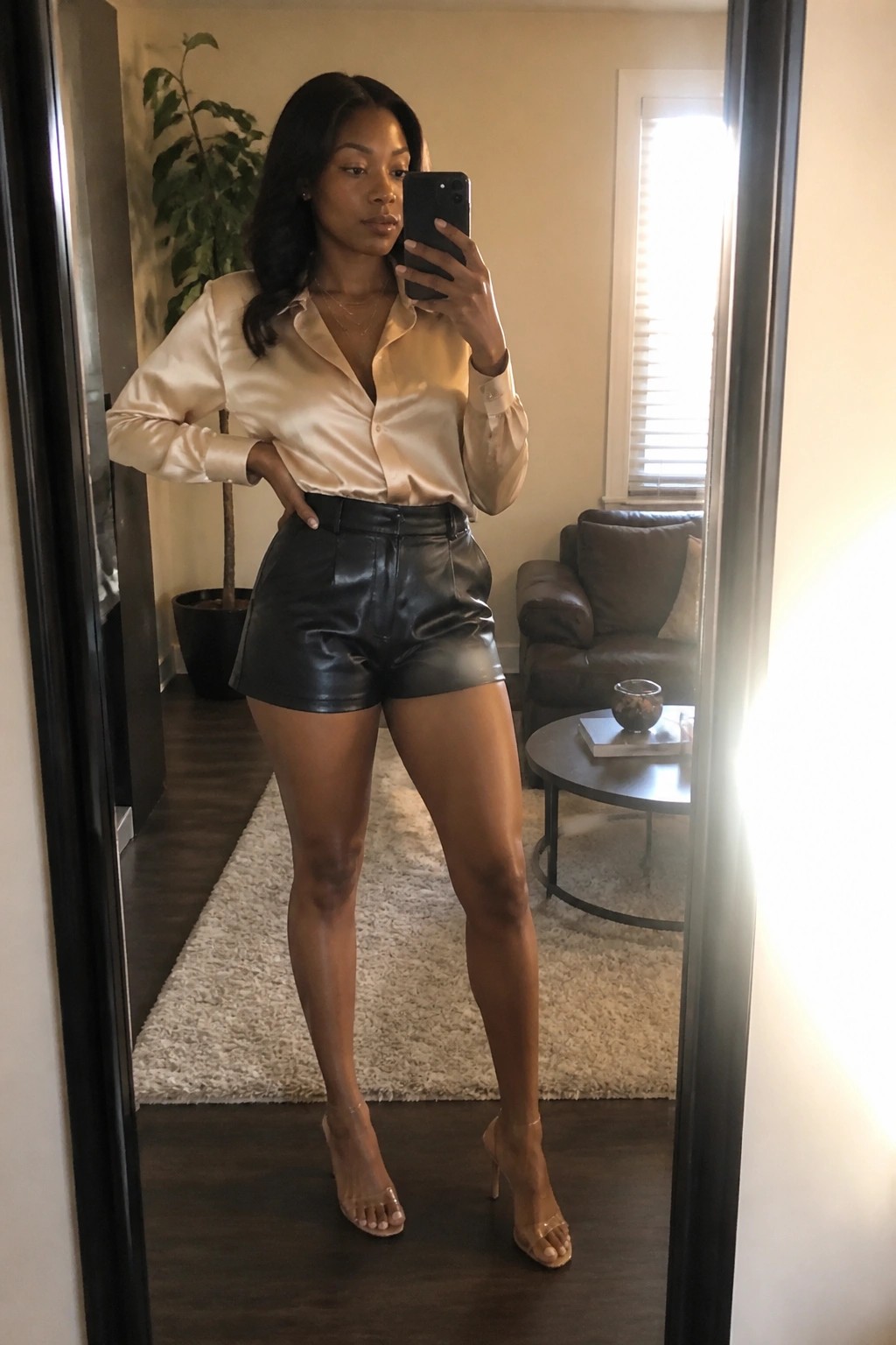 Woman in satin blouse and leather shorts takes mirror selfie in living room