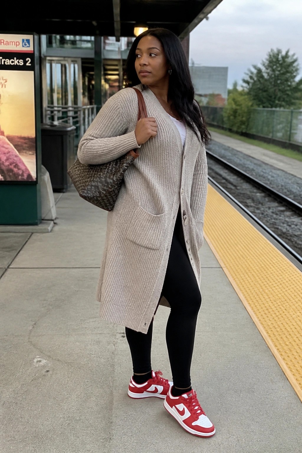 Woman in beige cardigan, black leggings, red sneakers holds patterned bag on train platform