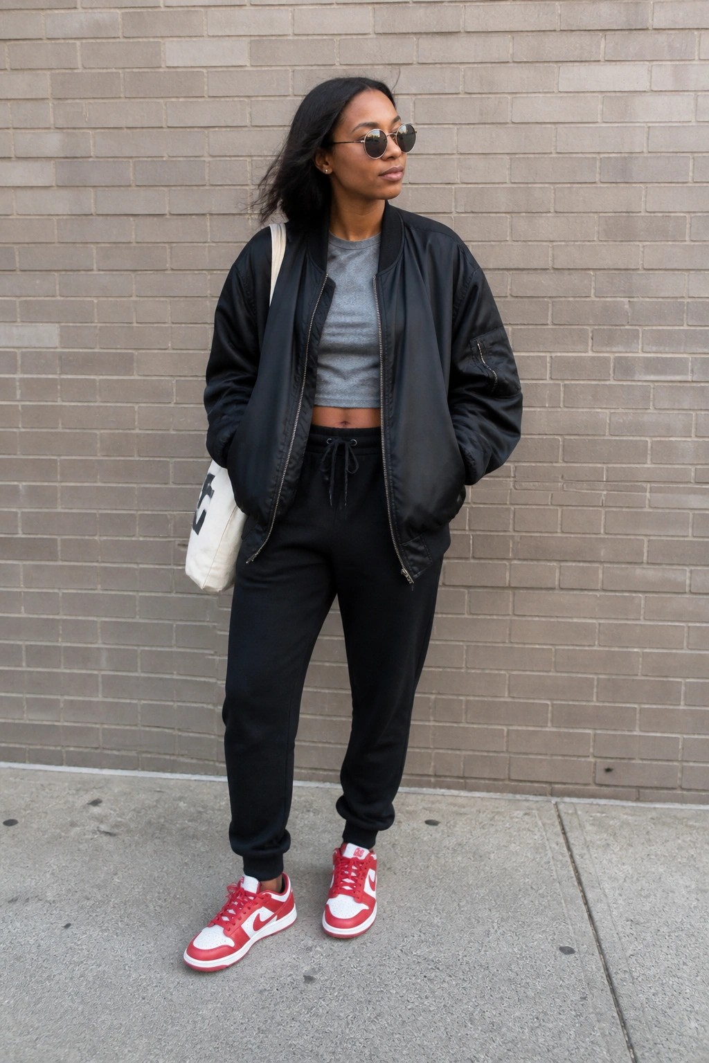 Woman in black bomber jacket, gray crop top, and red sneakers by brick wall