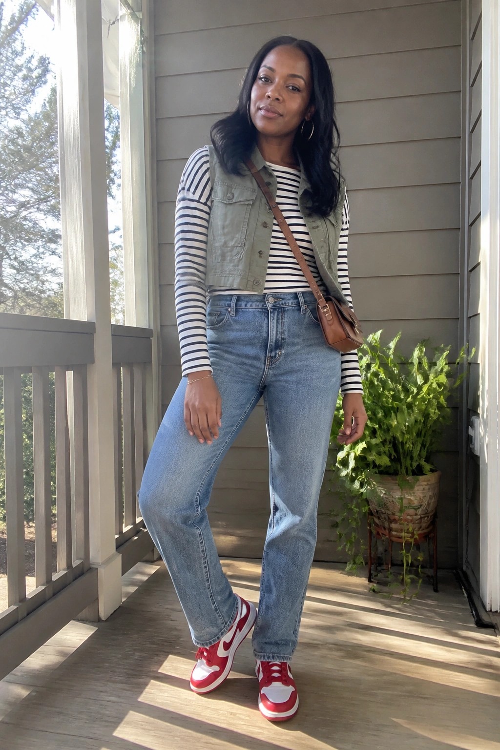 Woman in striped shirt, green vest, jeans, and red sneakers on porch
