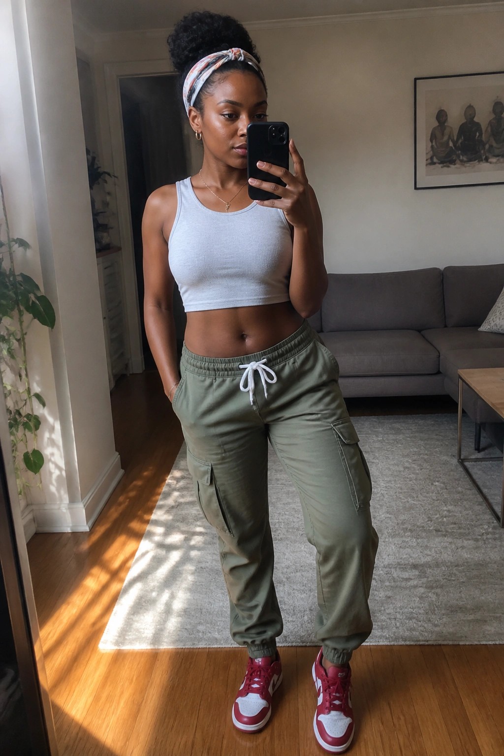 Woman in gray crop top and olive cargo pants taking mirror selfie in living room