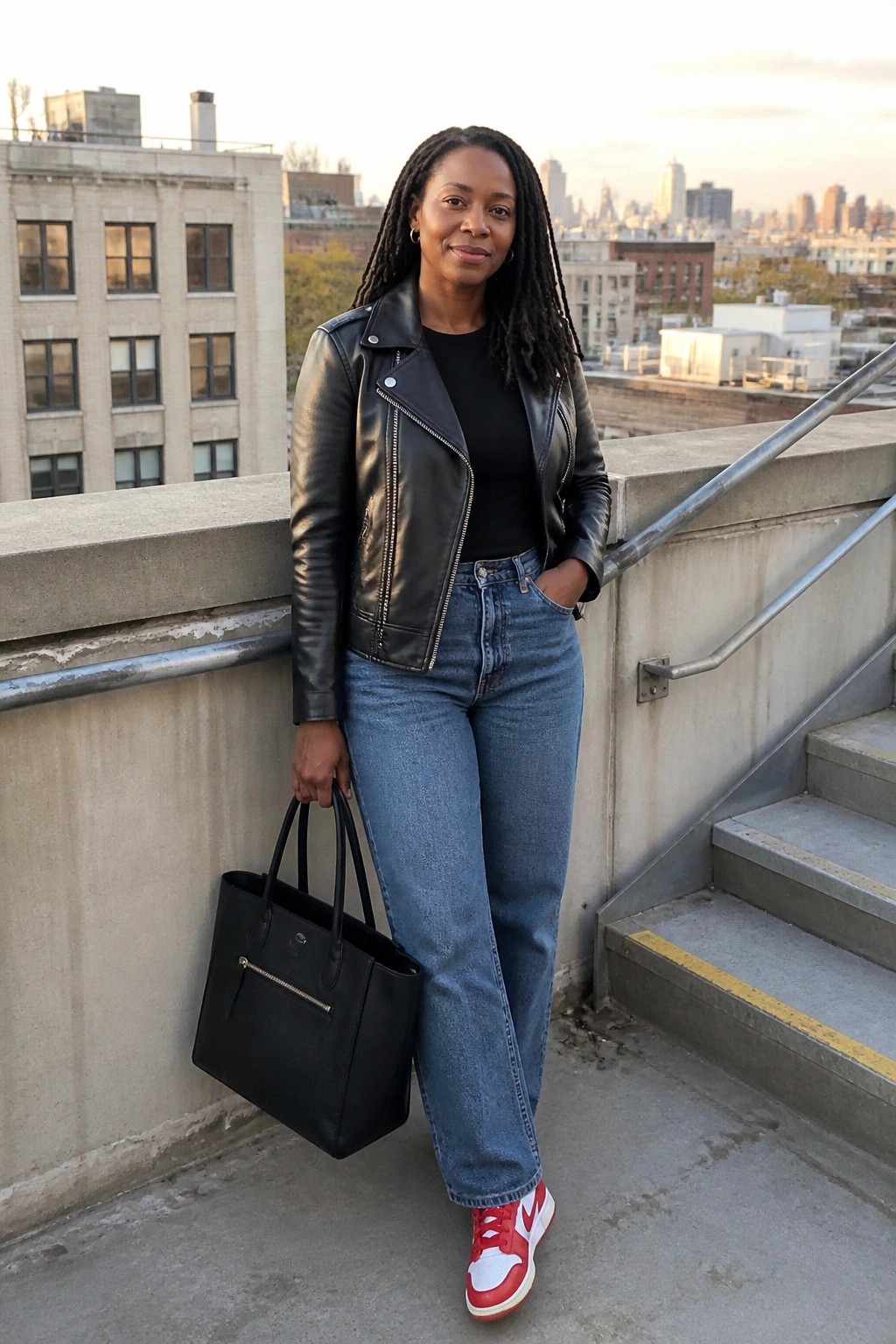 Woman in black leather jacket and jeans holding tote on city rooftop