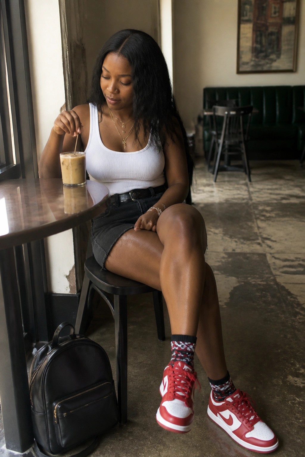 Woman in white tank top stirs iced coffee at cafe table in red sneakers