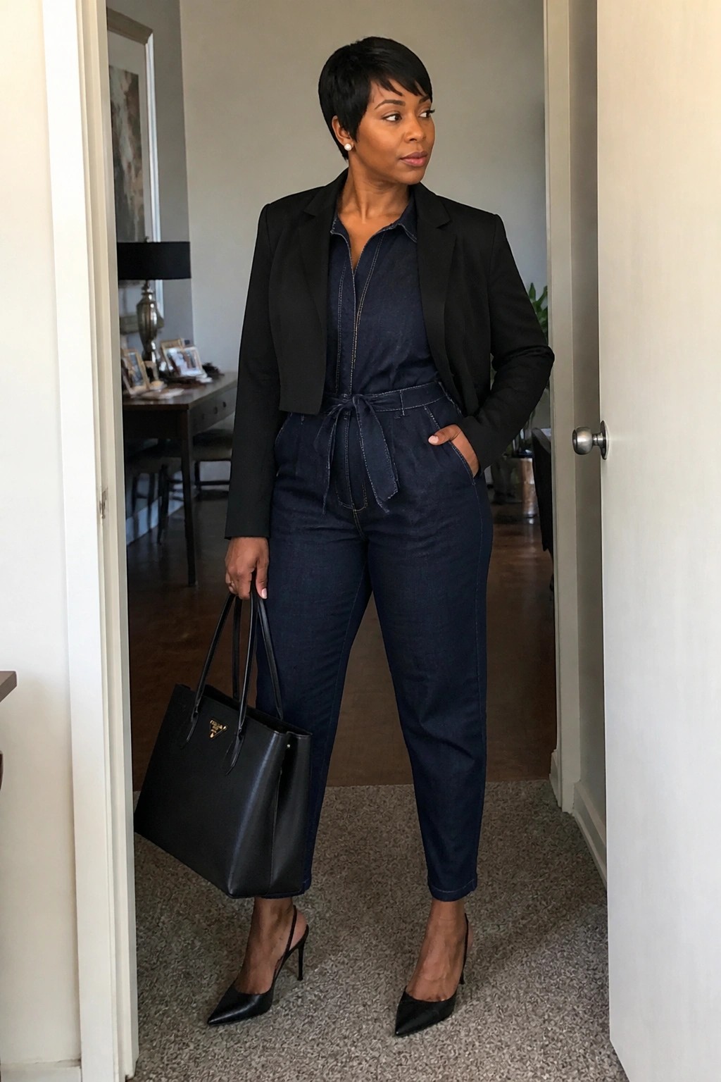 Woman in cropped black blazer over blue denim jumpsuit holding black handbag indoors