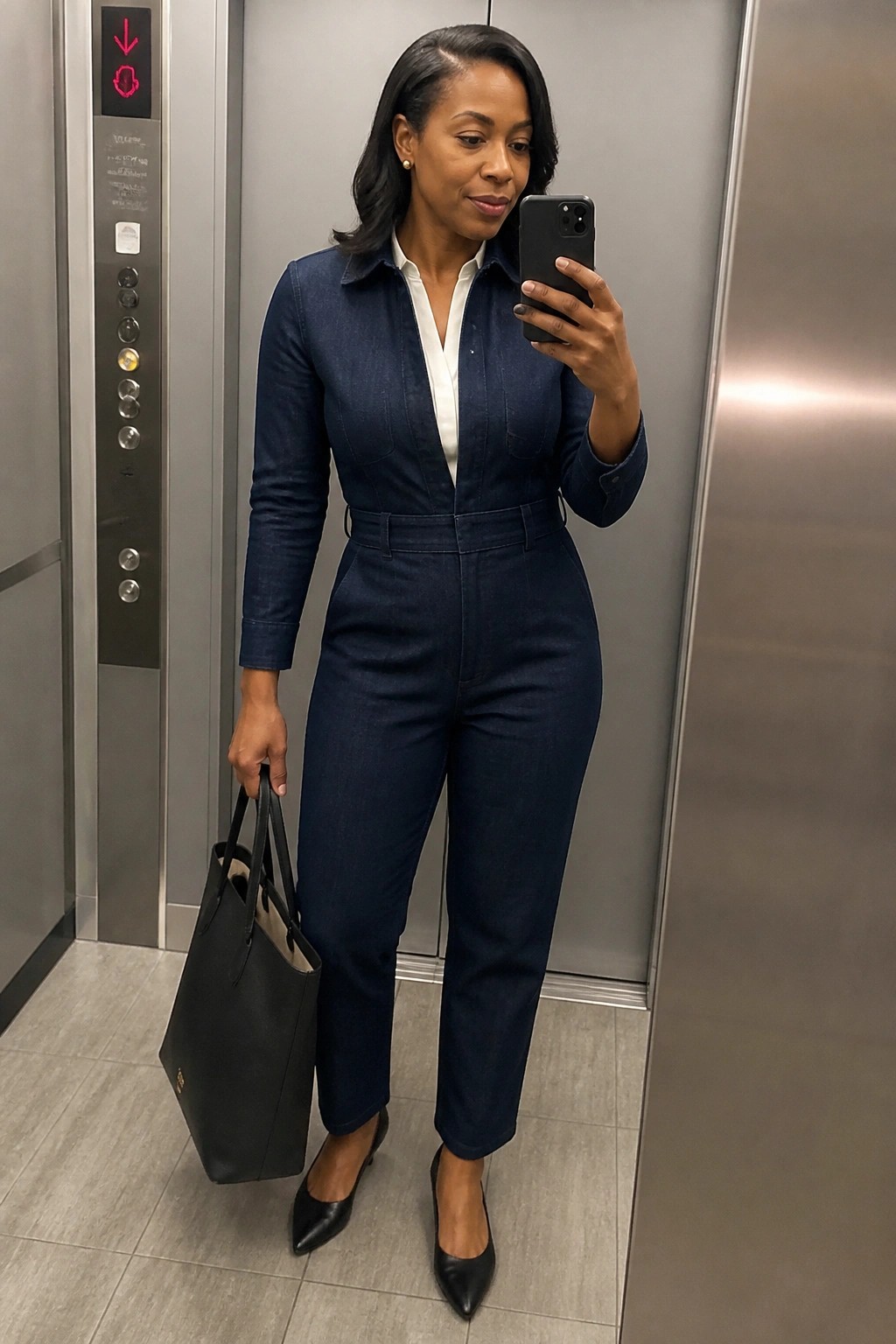 Woman in navy denim jumpsuit taking selfie in elevator while holding black bag.