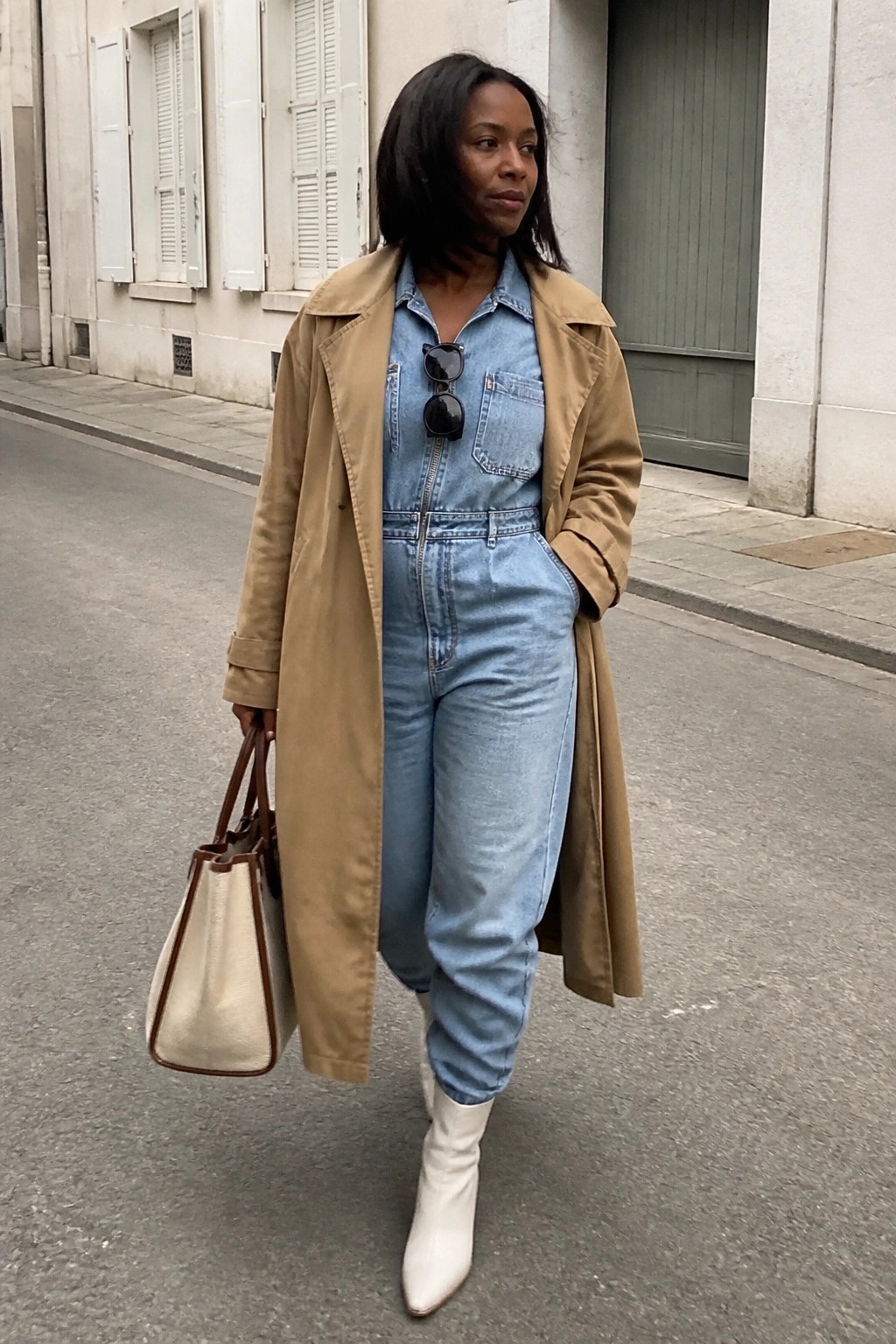Woman in tan trench coat over blue denim jumpsuit holding white handbag on street