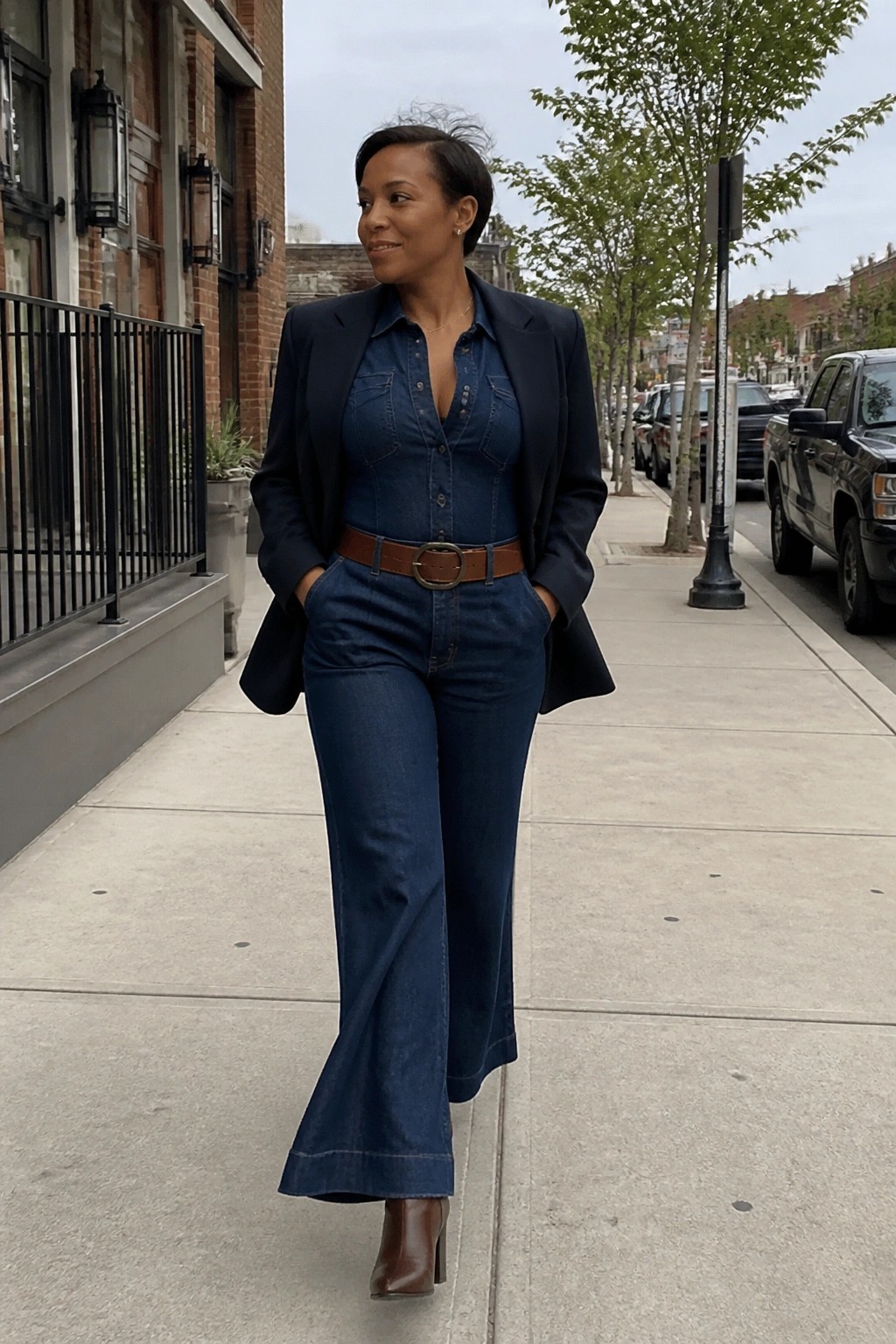 Woman in blue denim jumpsuit and navy blazer with brown belt on sidewalk