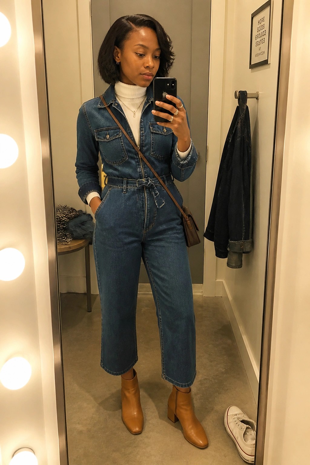 Woman in blue denim jumpsuit and white turtleneck taking mirror selfie in fitting room