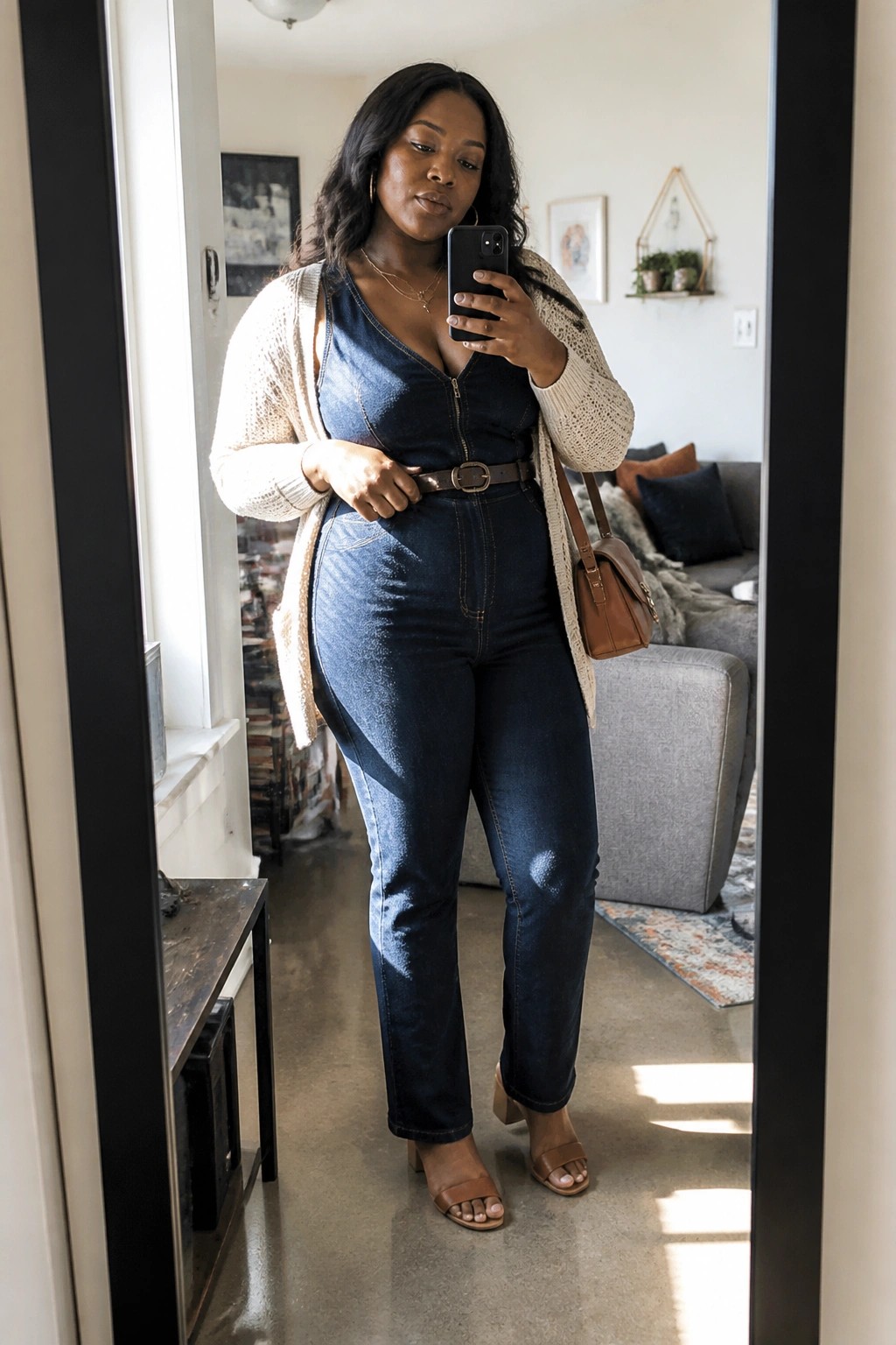 Woman in denim jumpsuit and cream cardigan taking mirror selfie in living room