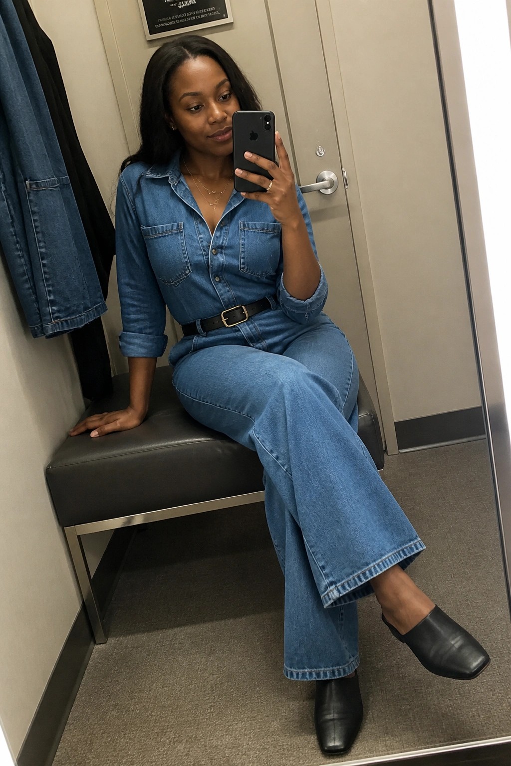 Woman in blue denim jumpsuit and black belt taking mirror selfie in fitting room