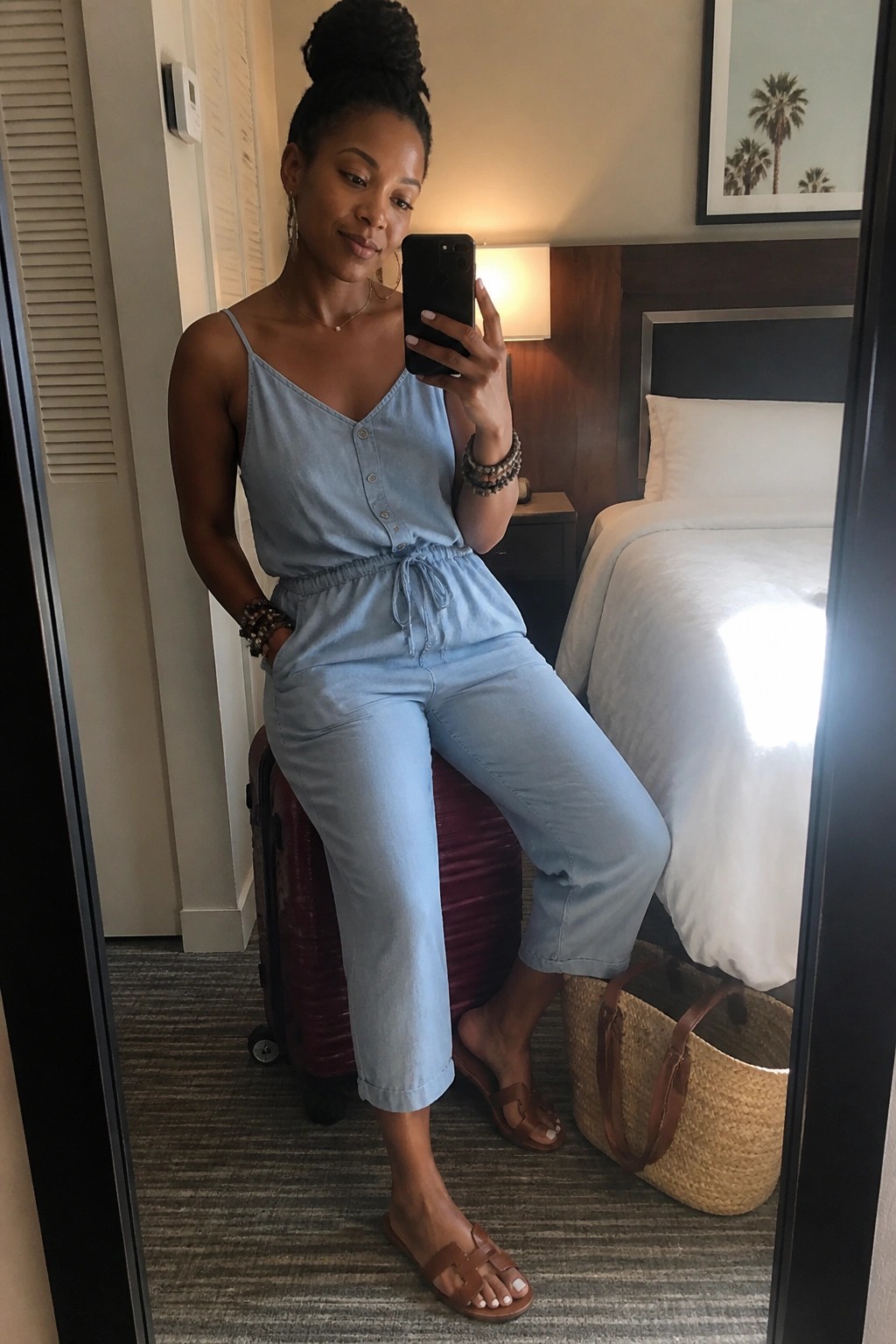 Woman in light blue denim jumpsuit taking mirror selfie on red suitcase in hotel room