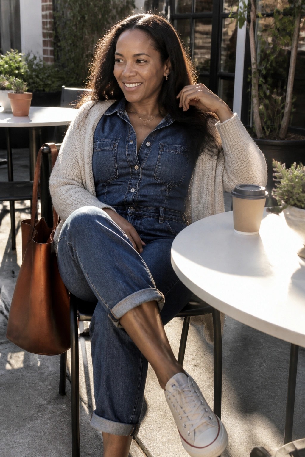 Smiling woman in denim jumpsuit and beige cardigan at sunny outdoor cafe with coffee