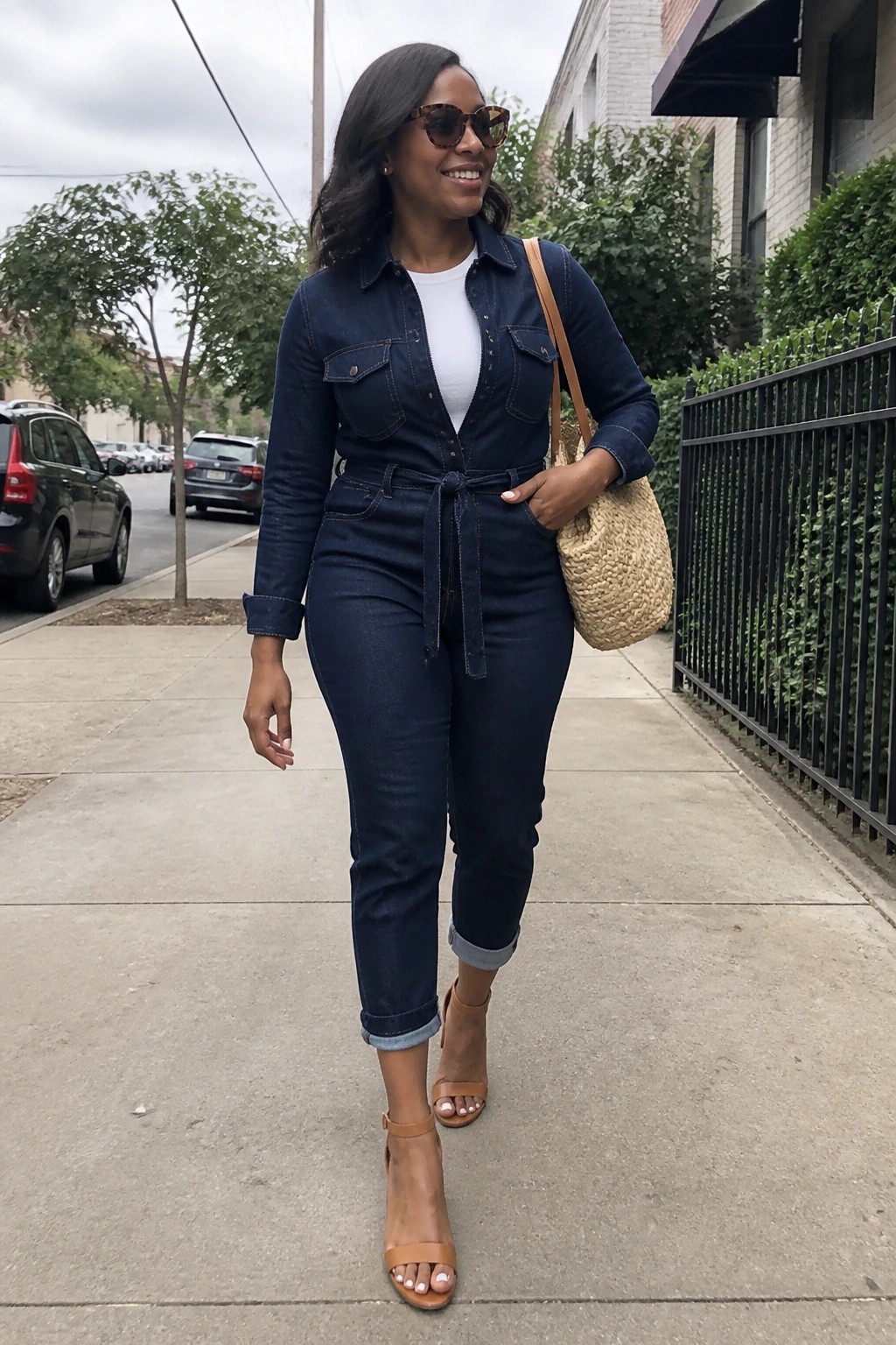 Woman in navy denim jumpsuit with sunglasses and straw bag on city sidewalk