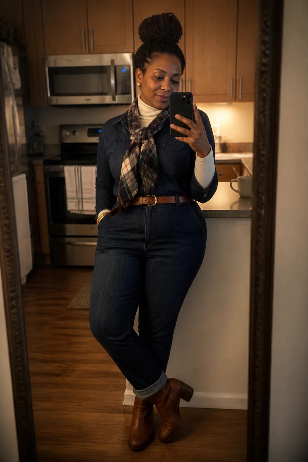 Woman in denim jacket and jeans with plaid scarf taking mirror selfie in kitchen