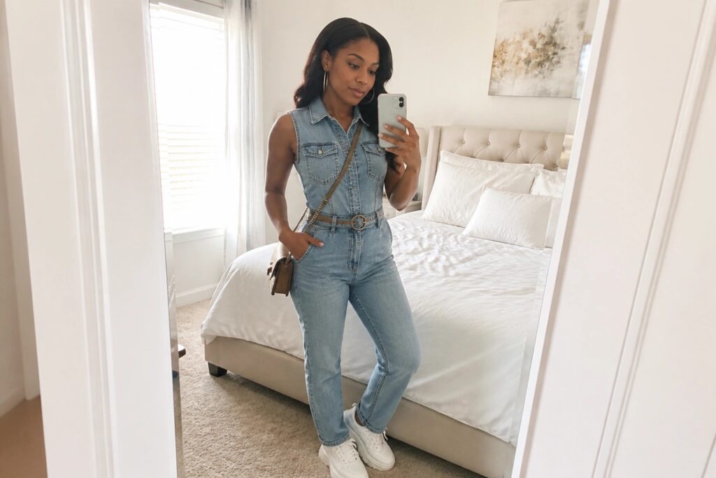 Woman in light blue denim jumpsuit taking mirror selfie in bedroom