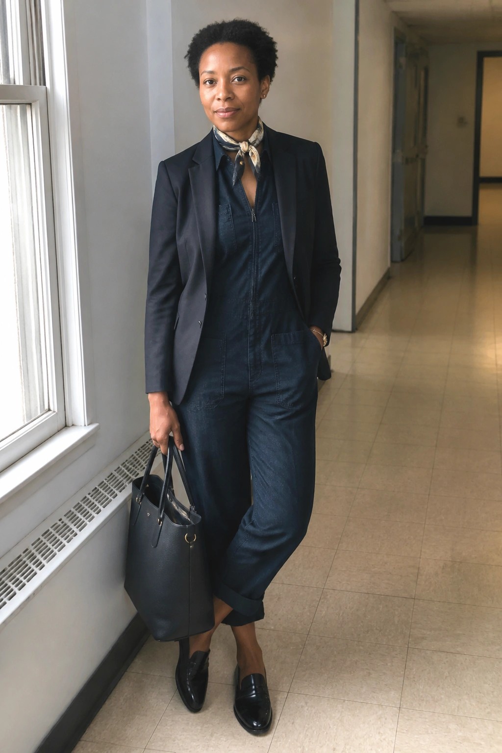 Woman in navy blazer over denim jumpsuit with scarf holds black bag in hallway