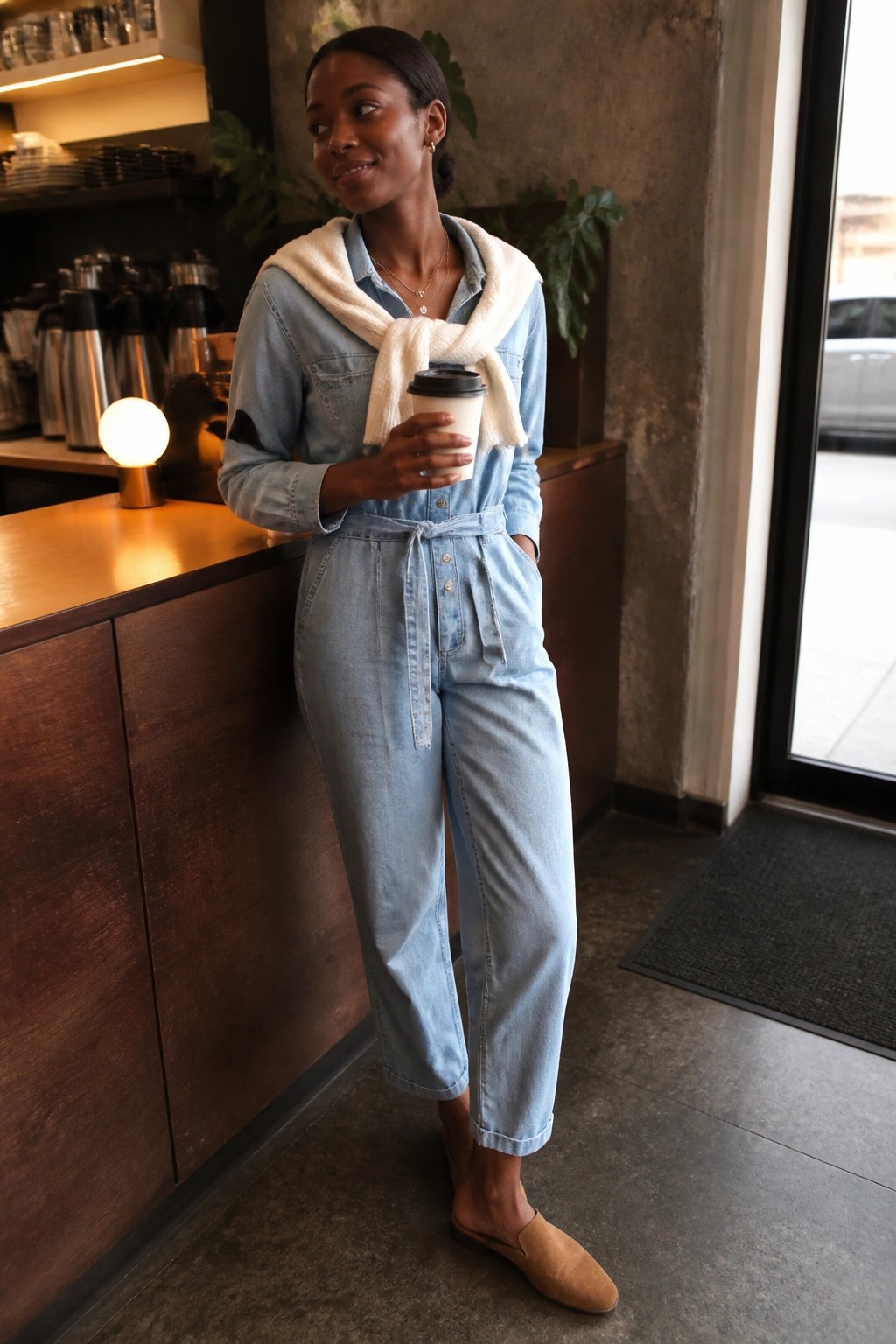 Woman in light blue denim jumpsuit with white scarf holding coffee in cafe