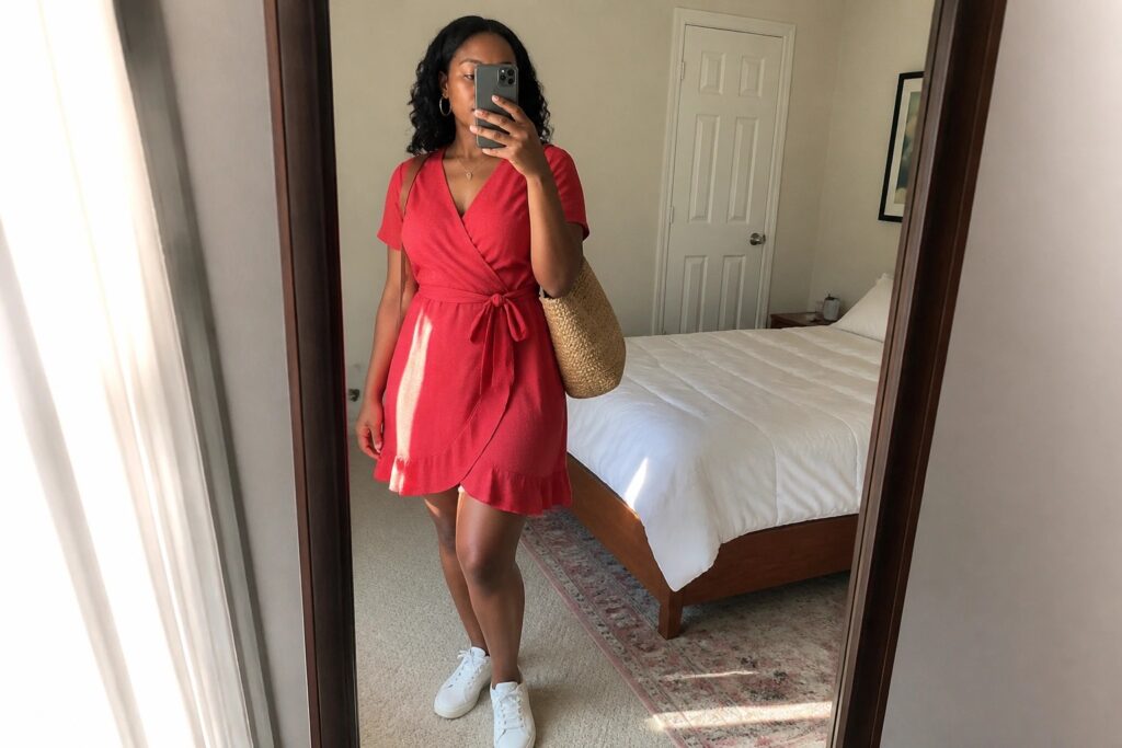 Woman in red wrap dress taking mirror selfie with straw bag and white sneakers