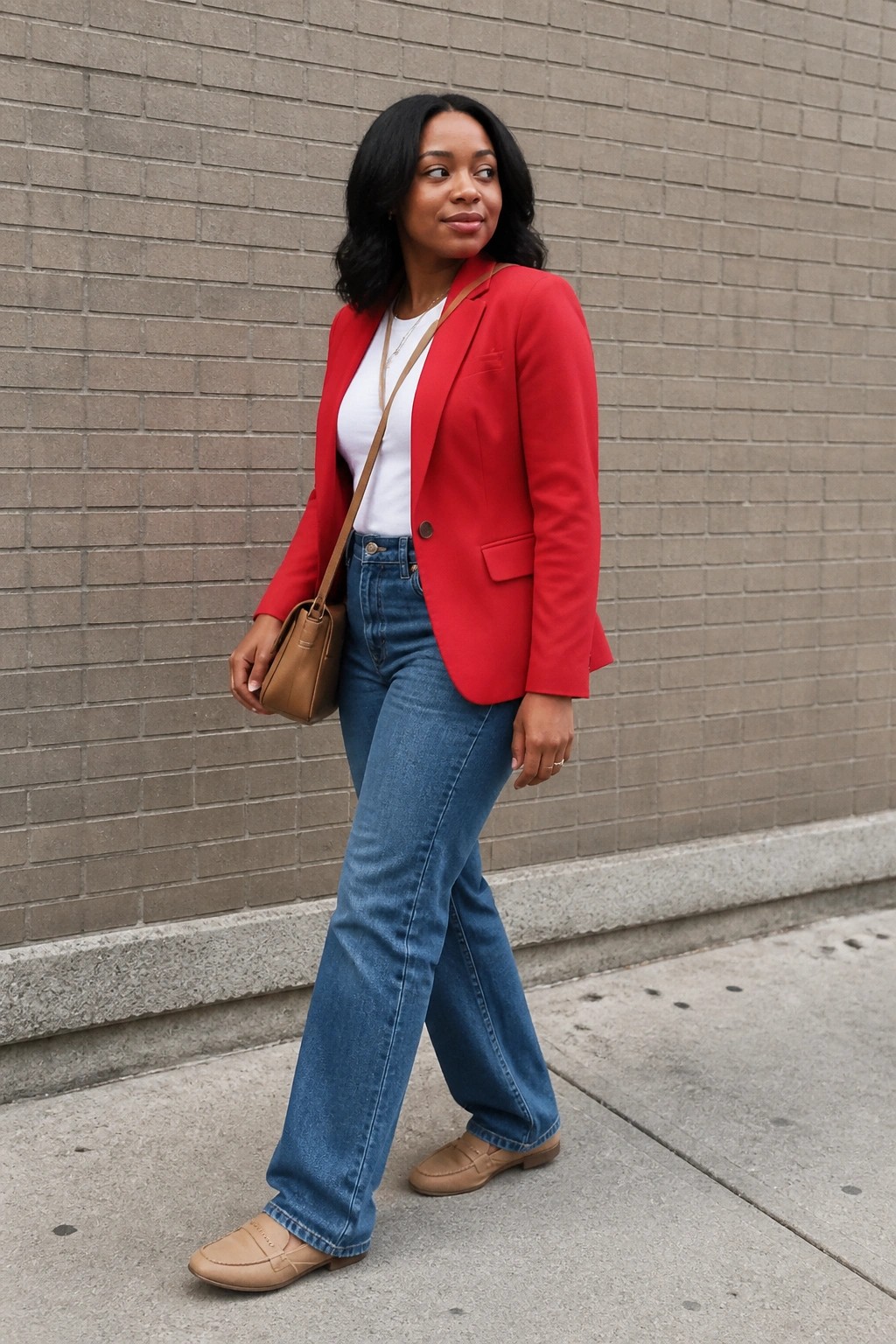 Woman in red blazer and wide-leg jeans walking by brick wall with brown bag
