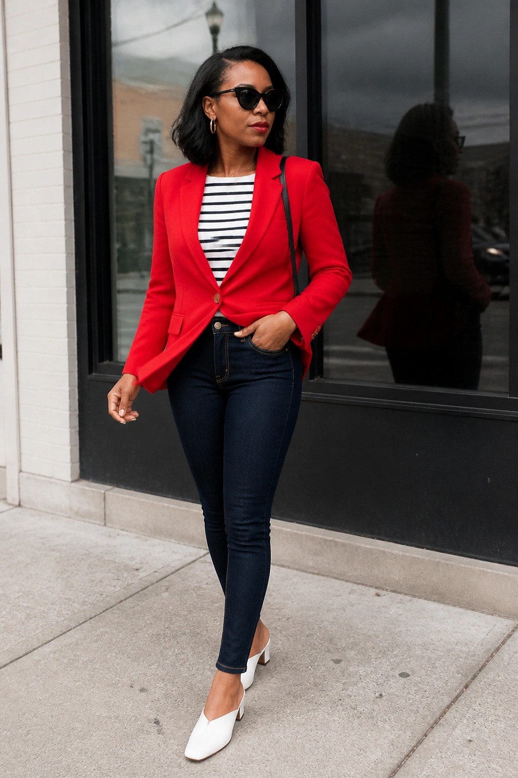 Woman in red blazer, striped shirt, jeans, and white heels on sidewalk