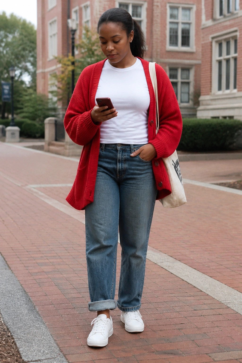 Woman in red cardigan and jeans checks phone on brick campus walkway