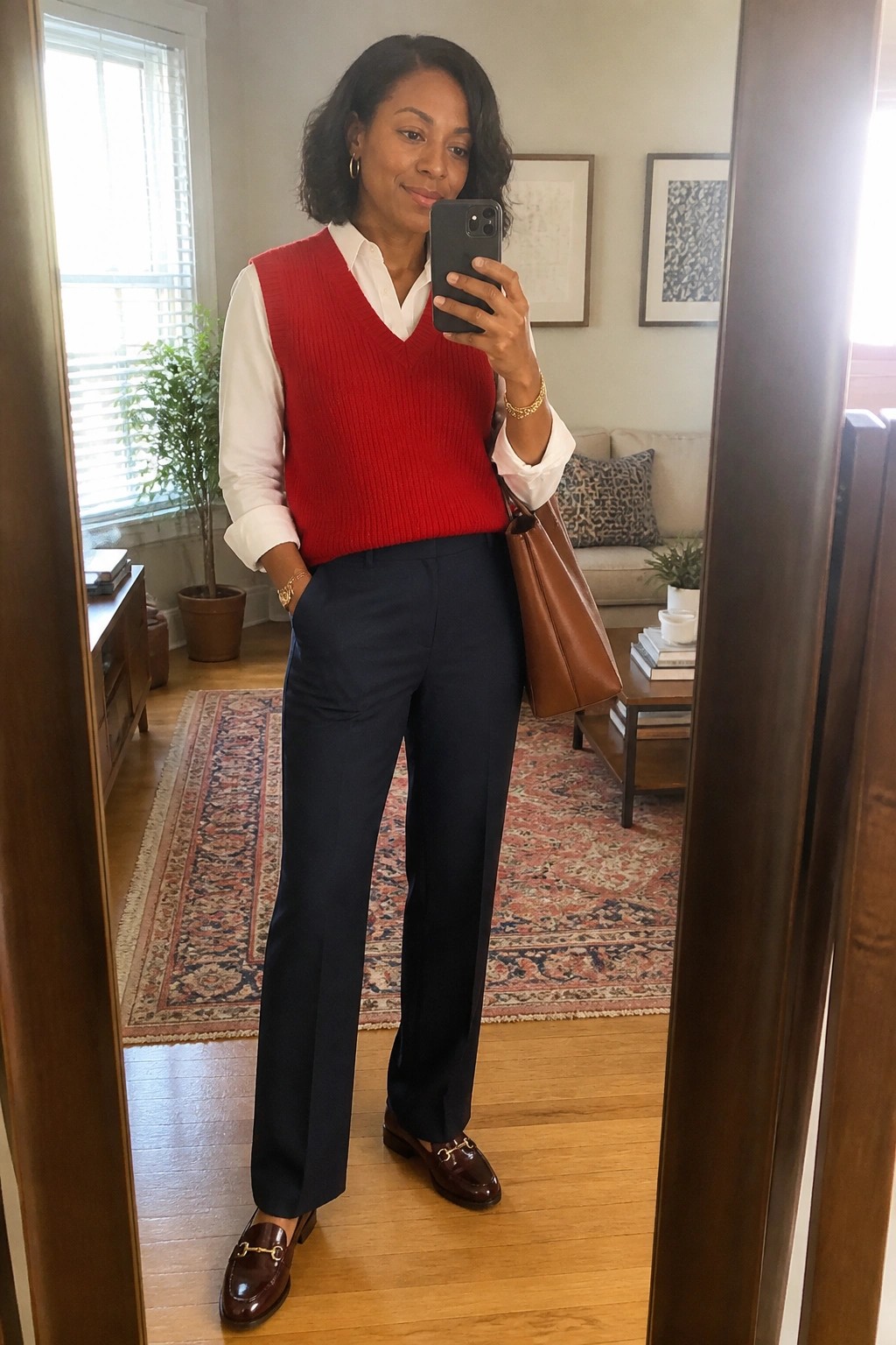Woman in red sweater vest, white shirt, and navy pants taking mirror selfie.