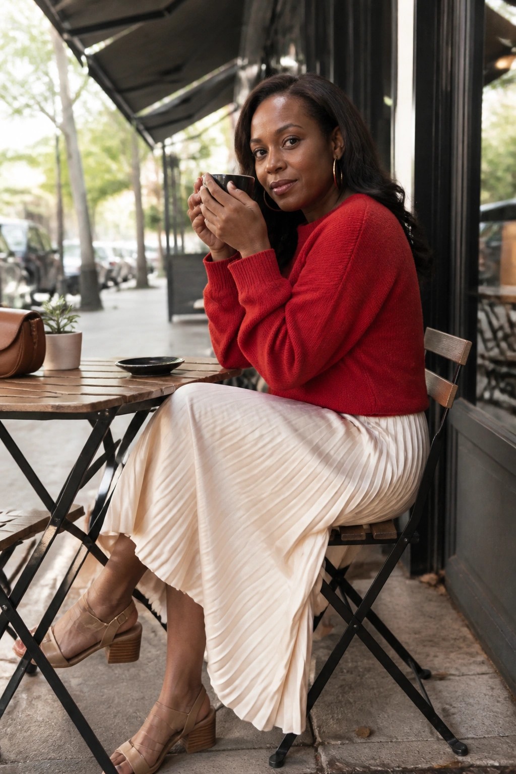 Woman in red sweater and cream pleated skirt sips coffee at outdoor café table