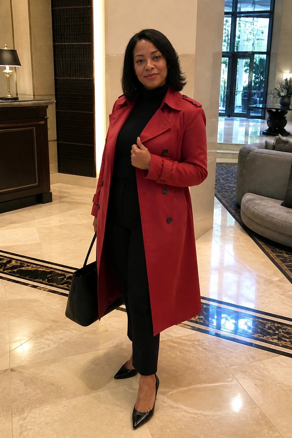 Woman in red trench coat over black attire holds bag in marble lobby