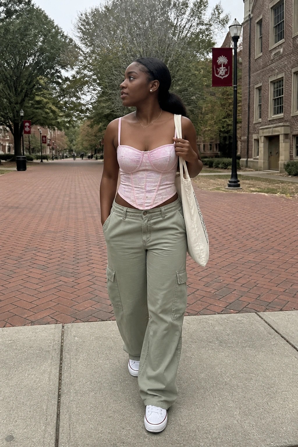 Woman in pink corset top and sage cargo pants carrying tote on brick campus path