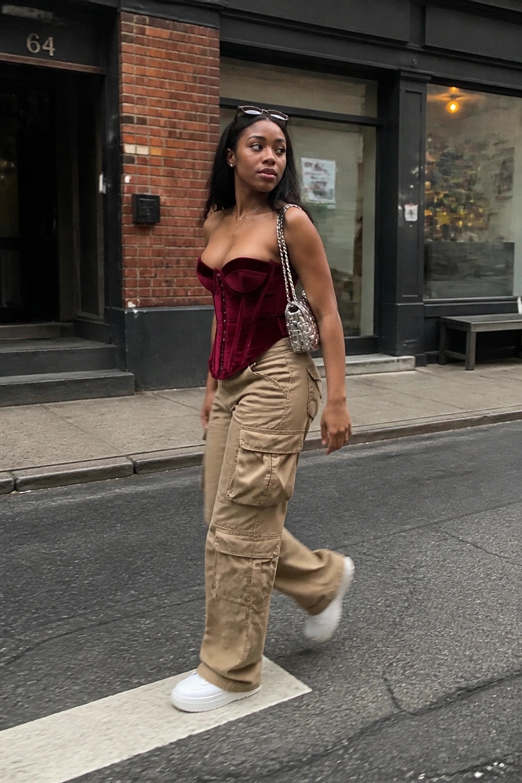 Woman in red velvet corset and beige cargo pants on city sidewalk