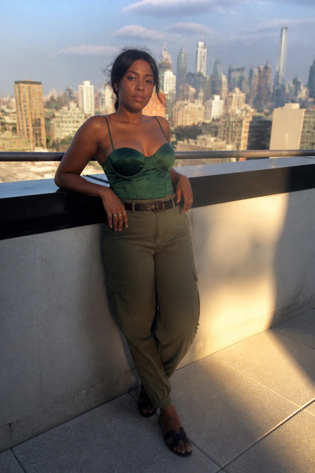 Woman in green satin corset and olive cargo pants on NYC rooftop balcony
