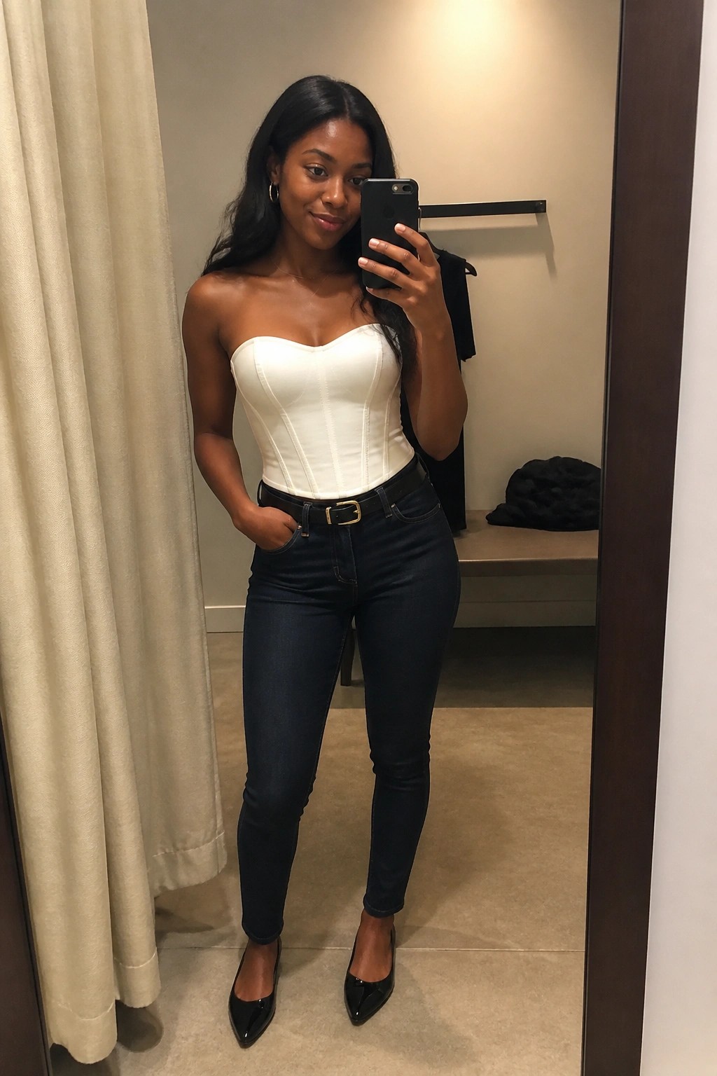 Woman in white corset top and dark jeans taking mirror selfie in fitting room