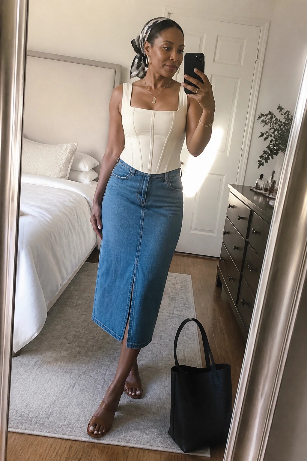 Woman in cream square-neck corset top tucked into long blue denim midi skirt with front slit, brown heeled sandals, headscarf, and gold jewelry holding a black tote in a bedroom mirror selfie.