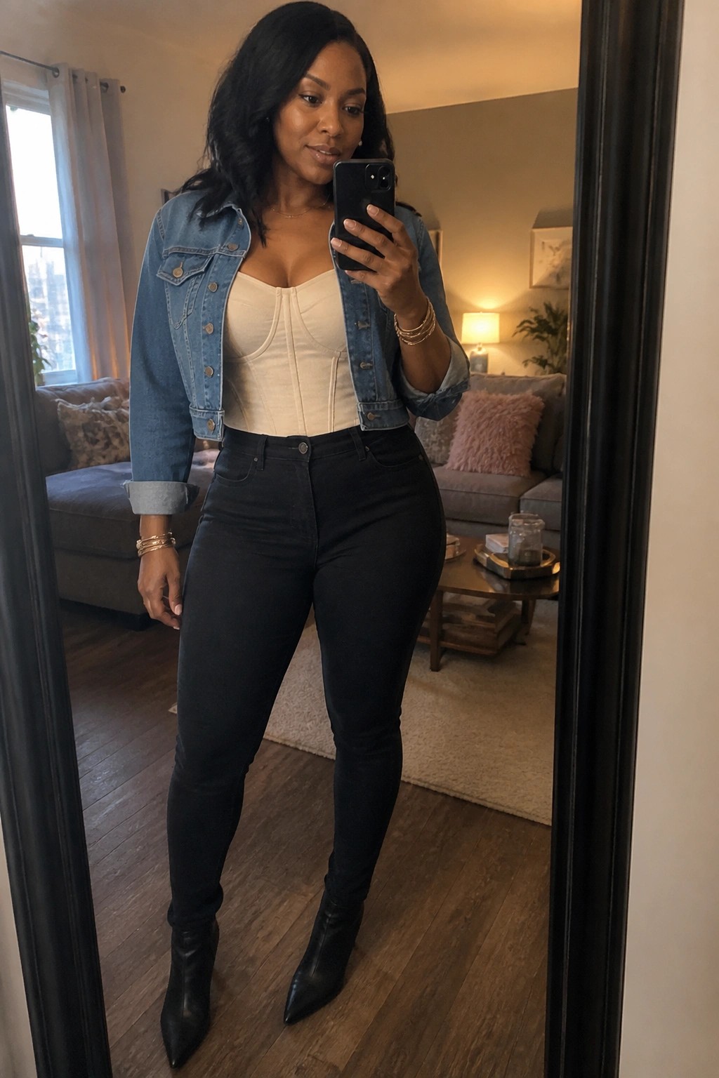 Woman in denim jacket over white corset top and black jeans taking mirror selfie