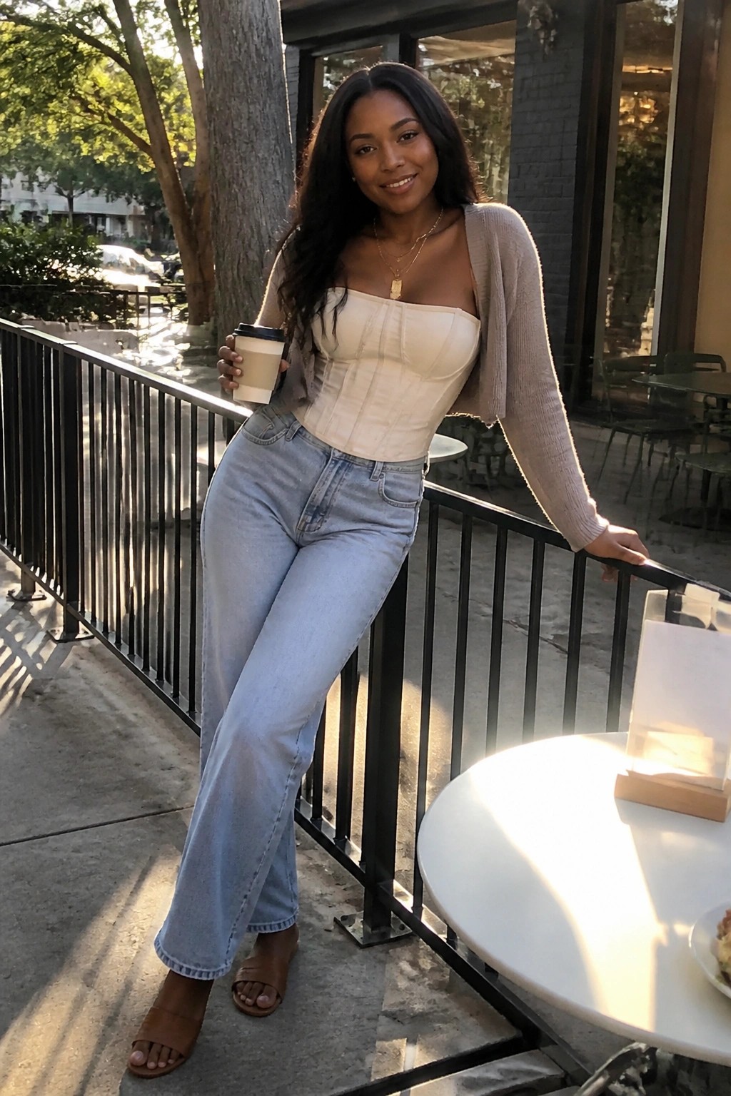 Woman in beige corset top and cardigan with jeans holding coffee outdoors