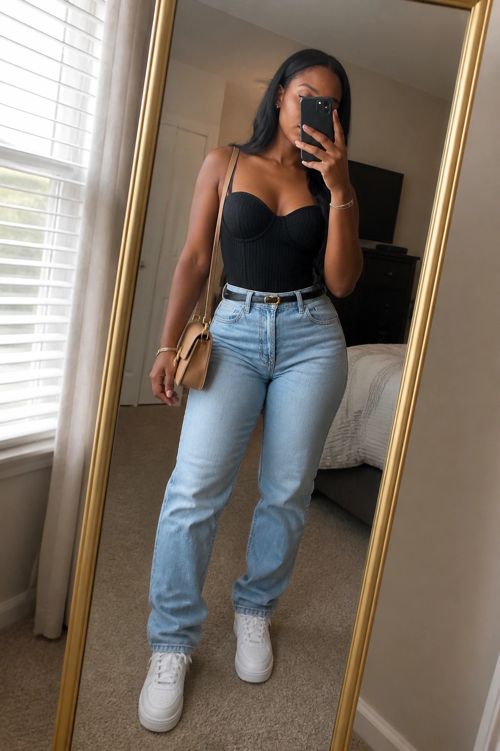 Woman in black corset top and light blue jeans taking bedroom mirror selfie
