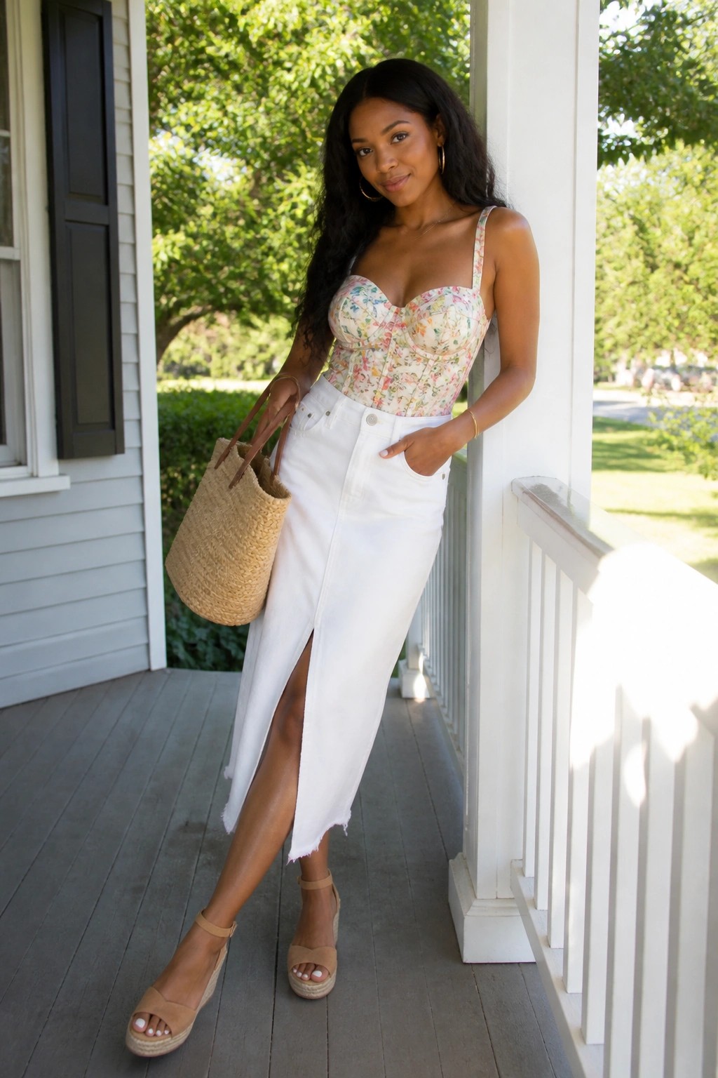 Woman in floral corset and white denim midi skirt holding straw bag on porch