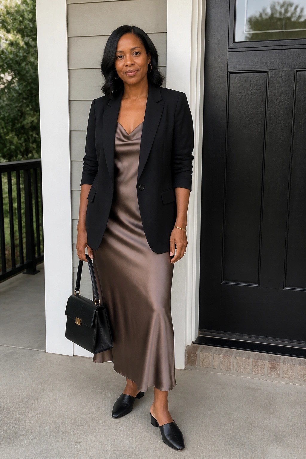 Woman in black blazer over taupe satin dress holding black handbag by door