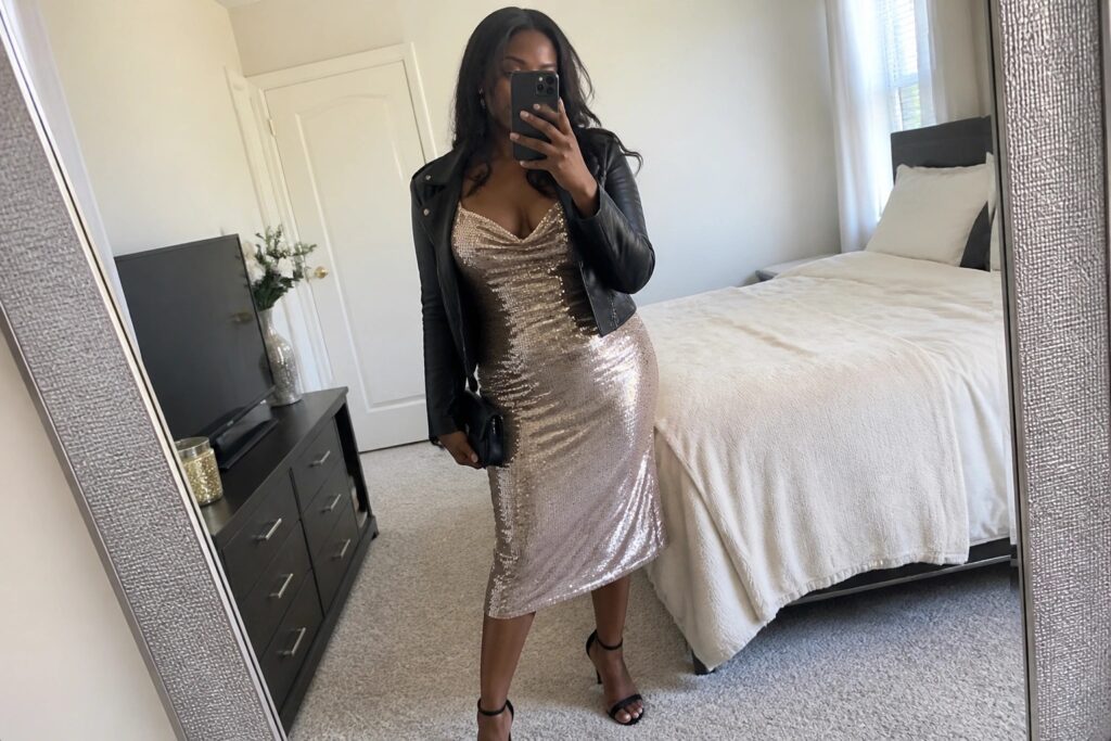 Woman in rose gold sequin dress and black leather jacket taking mirror selfie
