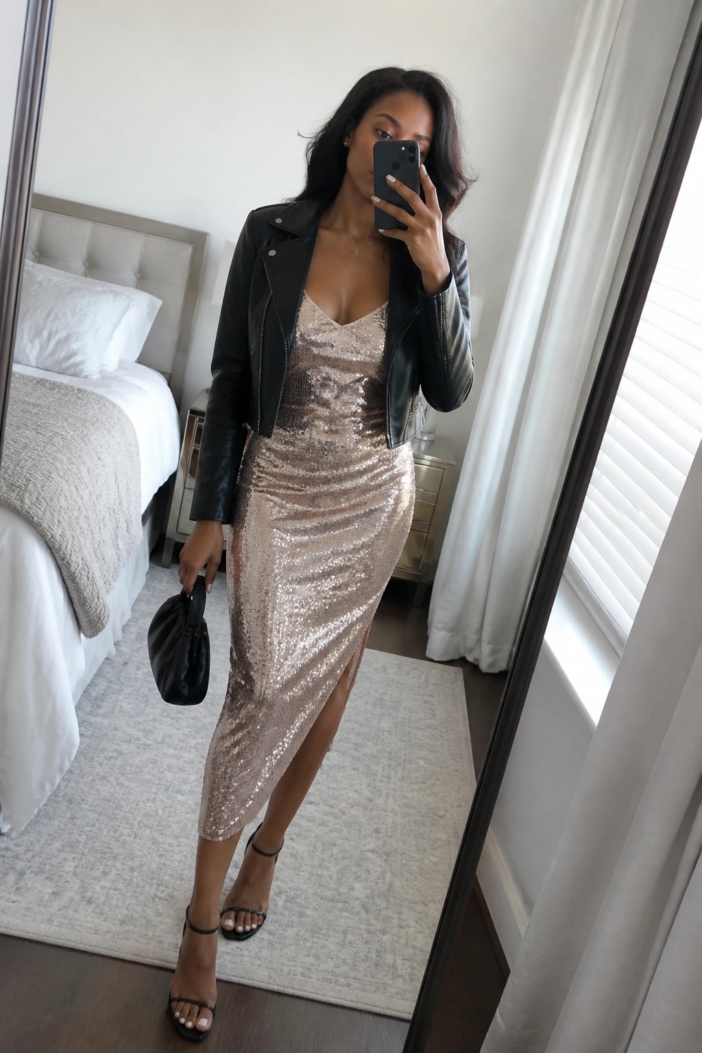Woman in rose gold sequin dress and black leather jacket taking mirror selfie
