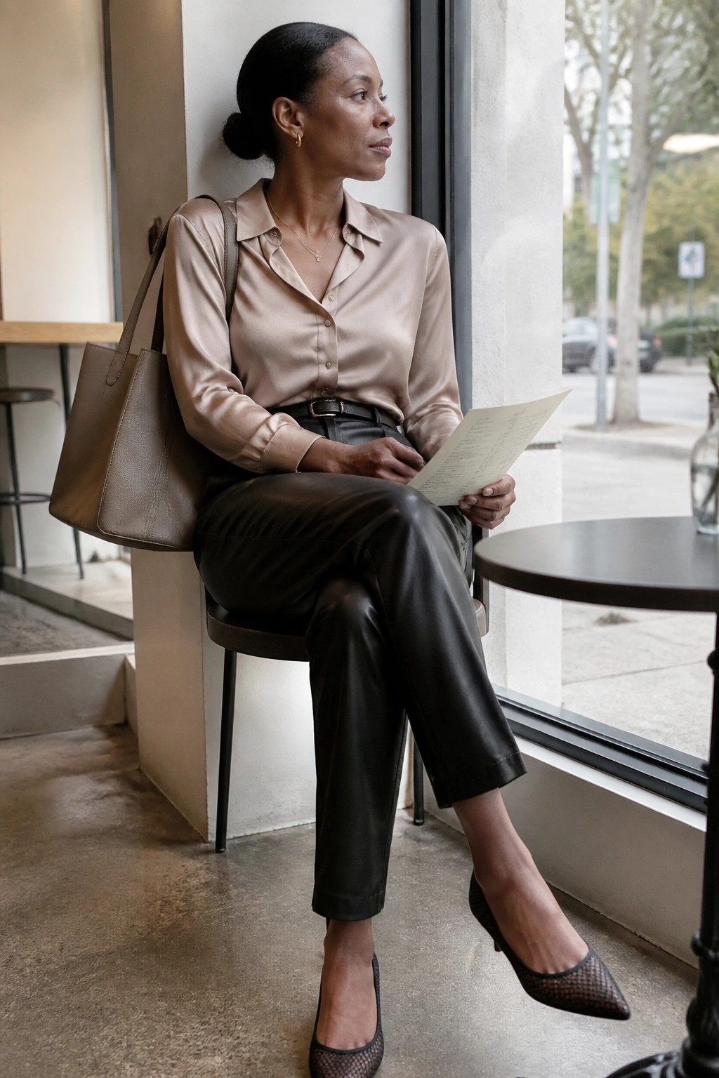 Woman in beige satin blouse and black leather pants holding menu by window.