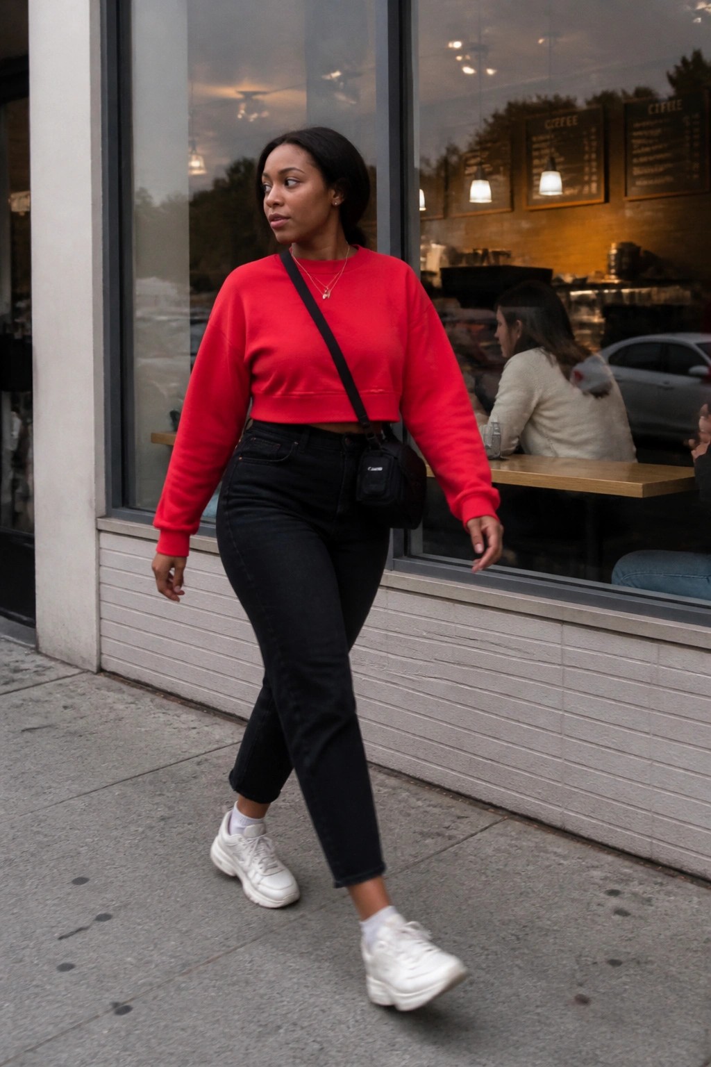 Woman in red cropped sweatshirt and black jeans walking past coffee shop window