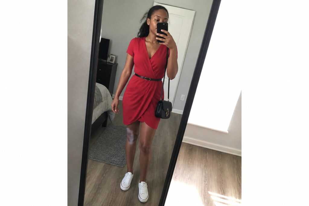 Woman in red wrap dress and white sneakers taking bedroom mirror selfie