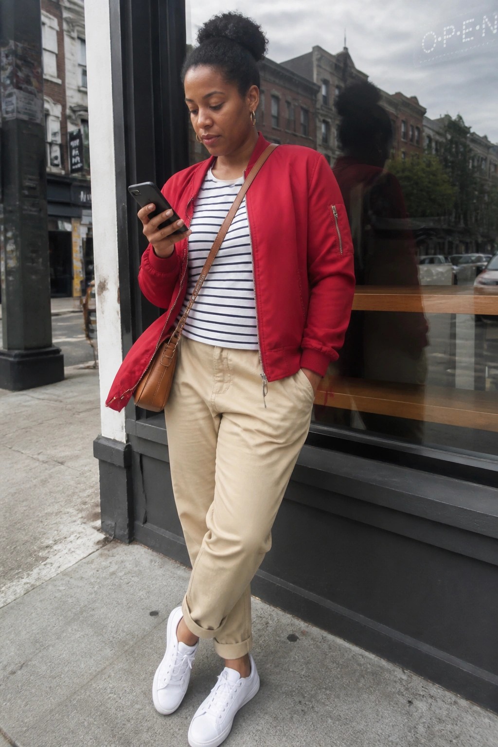 Woman in red bomber jacket and beige pants checks smartphone on city sidewalk.